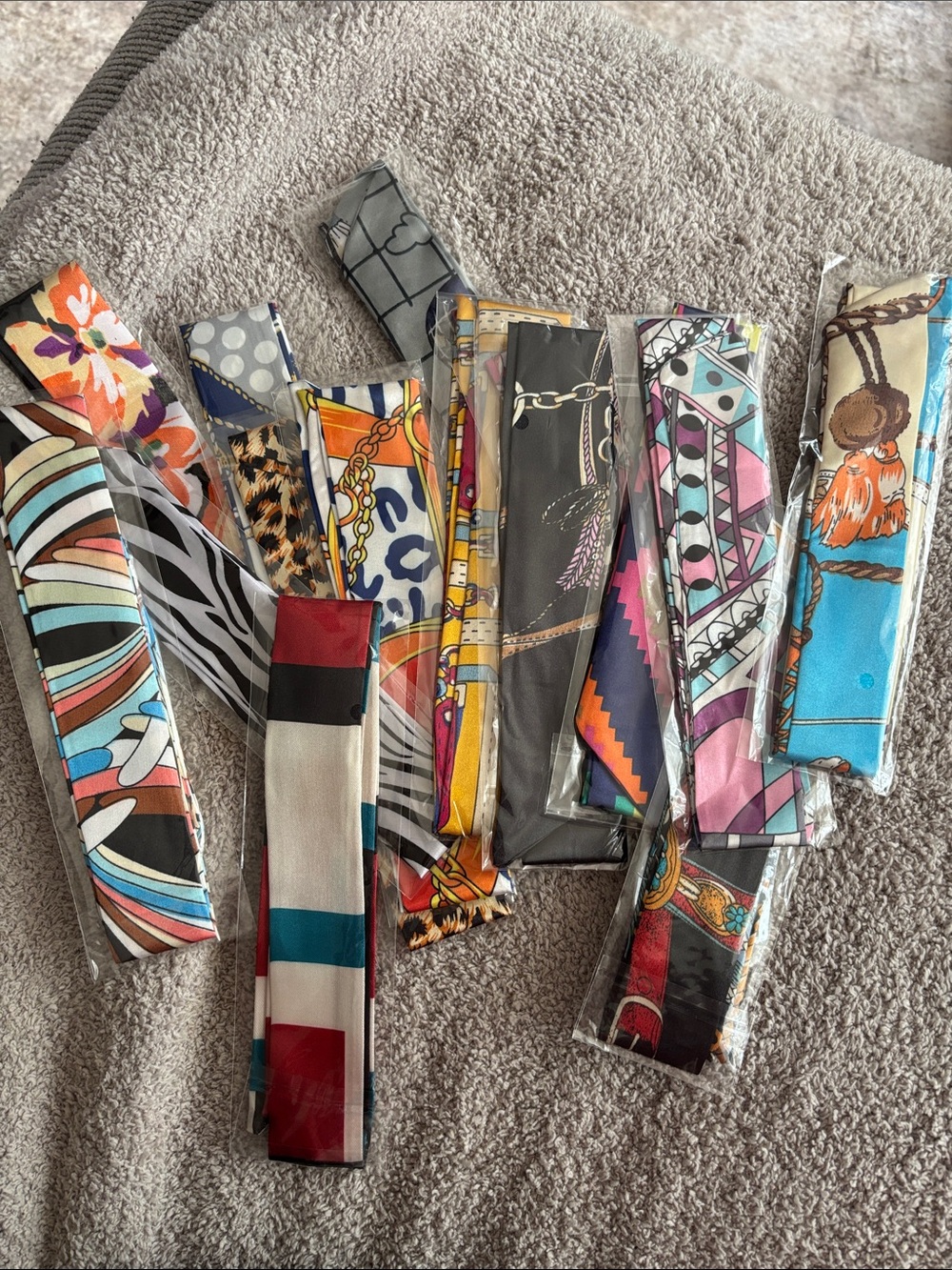 15 Women’s Satin Hair / bag Scarves – Mixed Prints – Approx. 32” x 2”